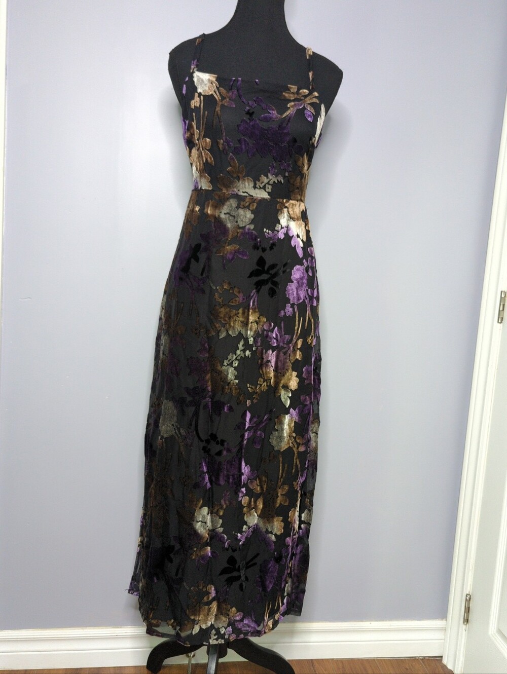Taylor NWOT Velvet Burnout Floral Empire Waist Maxi Dress Purple Gold Black 10